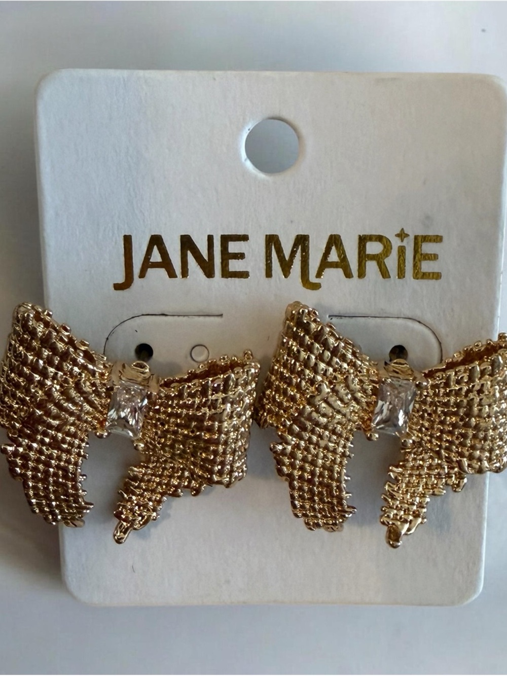 Jane Marie Gold Plated Textured Bow Earrings with Clear Crystal Stone Accents